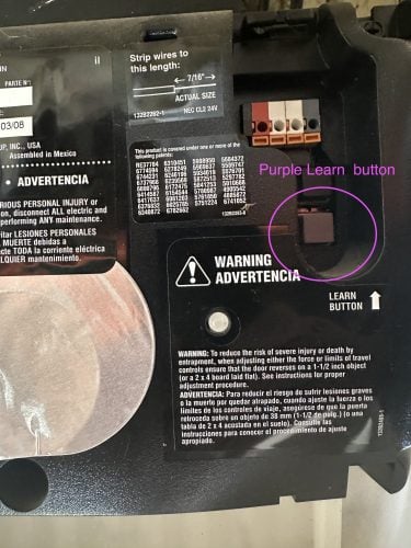 Purple Learn button Liftmaster opener