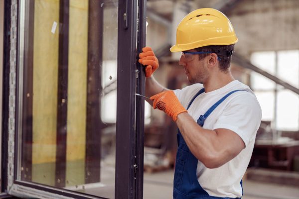 Handyman repairing a damaged part of a garage door